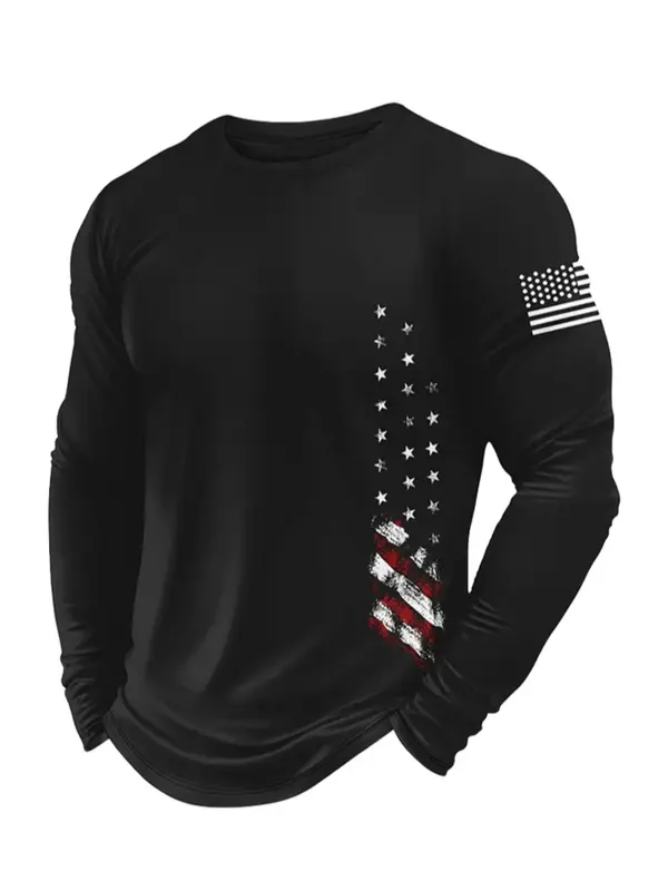 Men's American Flag Pattern Long Sleeve 100% Cotton T-Shirt