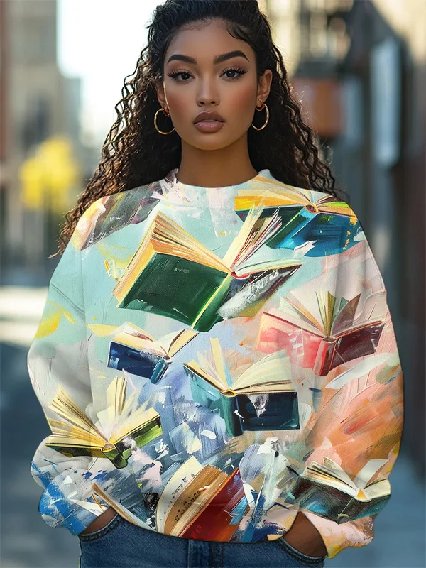 Women's Colorful Flying Books Art Print Casual Sweatshirt