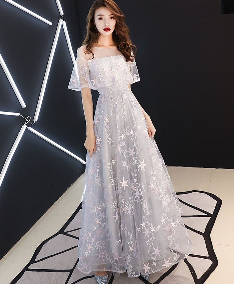 Gray Tulle Lace Long Prom Dress Gray Tulle Formal Dress A008