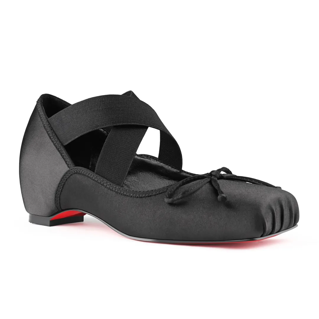 Women’s Cross Elastic Strap Satin Ballet Flats Square Toe Bow Red Bottom Daily Dress Shoes-MERUMOTE