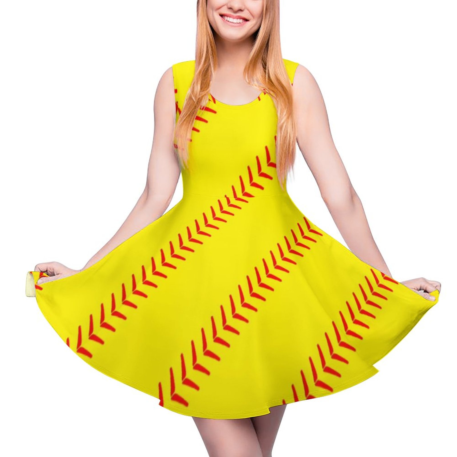 pale yellow skater dress Solid Bright Yellow Skater Dress for Women, All Over Print Fit and Flare Dress, Cute Sleeveless Plus Size Dress, Summer Aloha Beach Dress