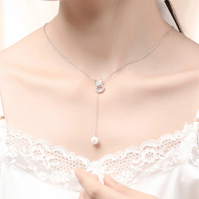 MeWaii® Sterling Silver Necklace Rabbit Ears Shaped Zircon Pearl Pendant Silver Jewelry S925 Sterling Silver Clavicle Necklace
