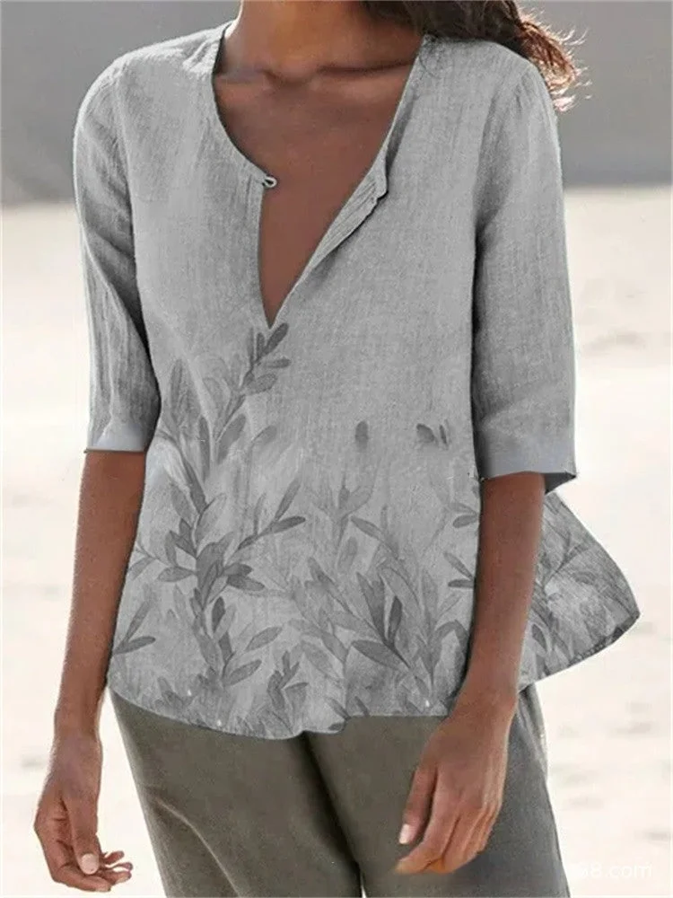 V-Neck Vintage Print Woven Short Sleeve Loose Shirt socialshop
