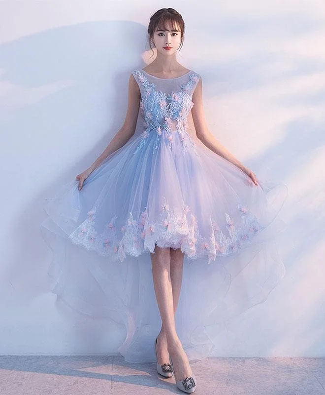 Light Blue Lace High Low Prom Dress, Homecoming Dress