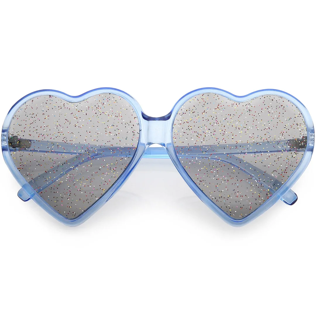 Women's Novelty Oversize Heart glasses Smoke Glitter Lens 62mm