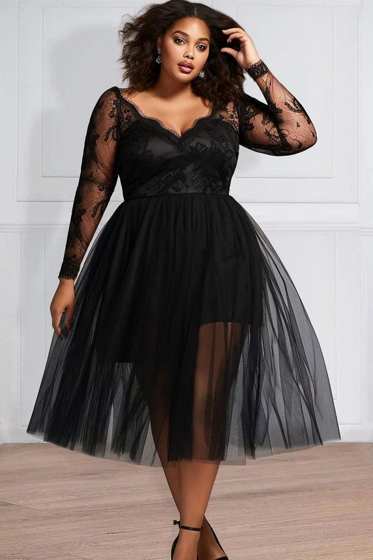 Plus Size Party Midi Dresses Black Fall Winter V Neck Long Sleeve Contrast See Through Mesh Midi Dresses [Pre-Order]