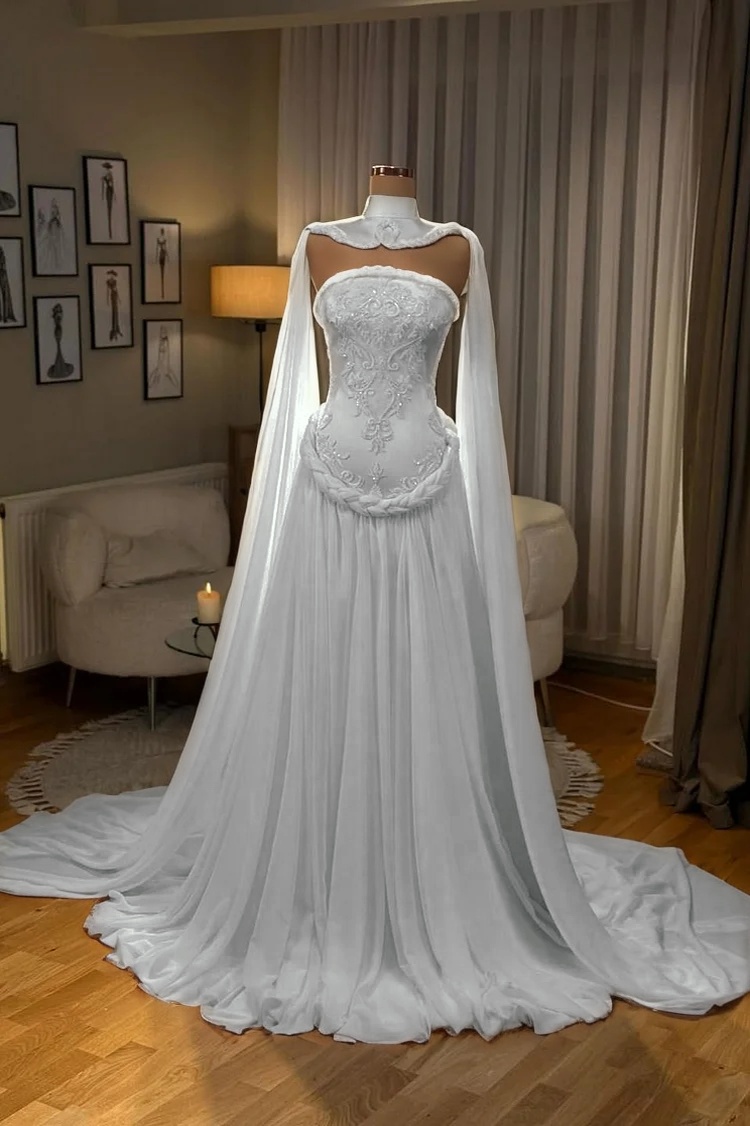 Strapless Sleeveless High-Waisted Long Pleated A-Line Prom Dress With Embroidered And High Neck Cape | LR0196 Wellcucu
