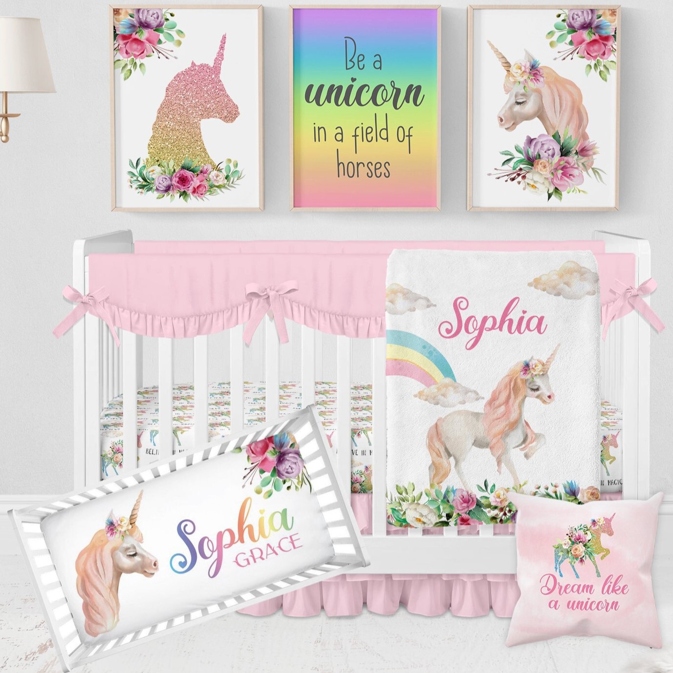 Unicorn Crib Bedding Set, Baby Girl Crib Bedding, Rainbow Crib Bedding