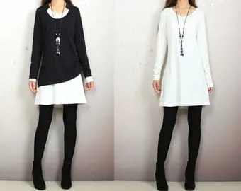 pornhint Pornhint Cotton tunic dress set, boho tunic tops, V-neck cotton dress, long sleeve tops, cotton t-shirts, 2 pieces dress, mini dress(Q2129)