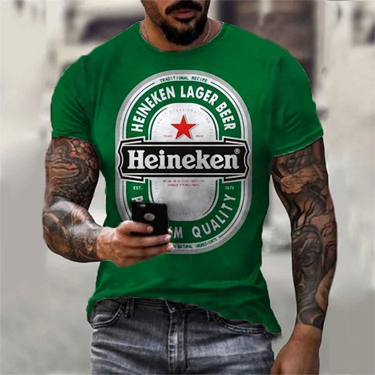 Green retro casual beer letters printed short-sleeved T-shirt