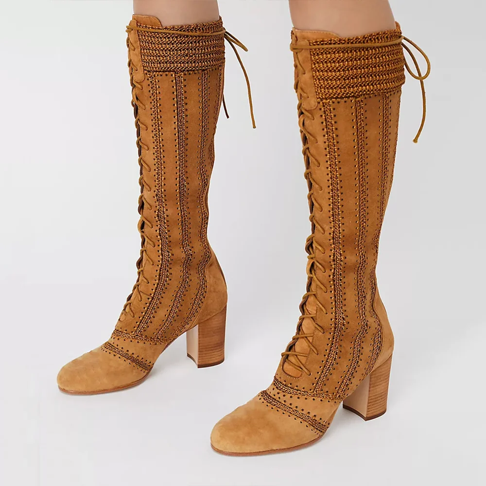 Brown Vegan Suede Stitch Detail Block Heel Knee Lace Up Boots Nicepairs