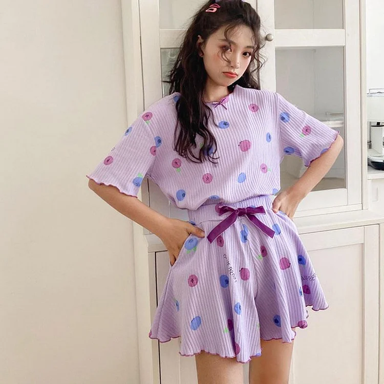 Blueberry Cherry Print Bow Summer Pajama Set