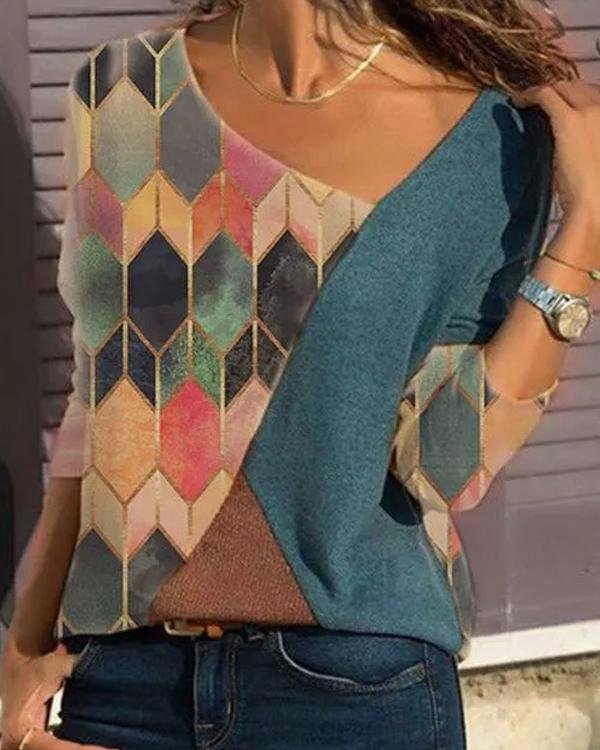 Color Block Contrast V-Neckline Long Sleeve Blouses