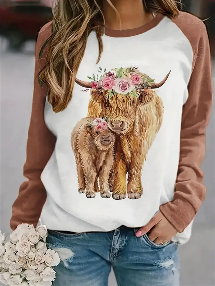 VChics Colorblock Cow & Floral Print Sweatshirt