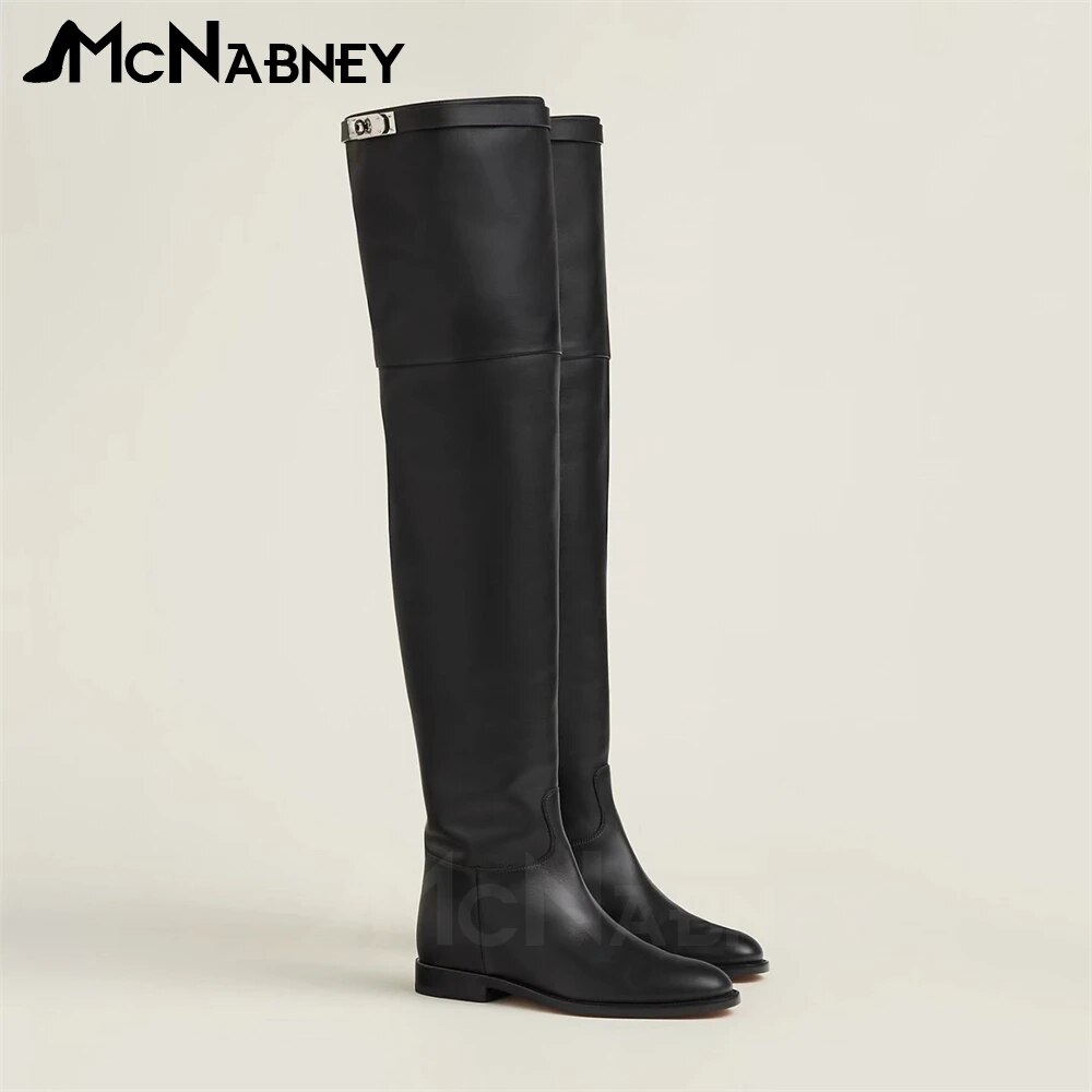 VCshoes Boots Metallic Lock Buckle Knee Boots Black Leather Round Toe Flat Boots Women's Boots Sale