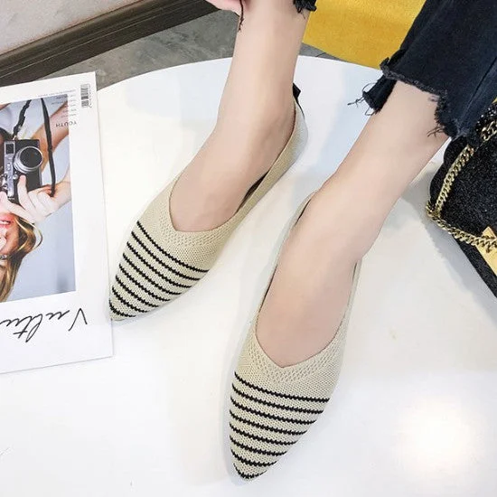 Women's Pointed Toe Knit Colorblock Stripes Comfortable Casual Fashion Flat Shoes