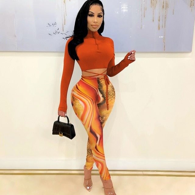 Long Sleeve Lace Up Crop Top And Legging Two Piece Dress - Life is Beautiful for You - SheChoic