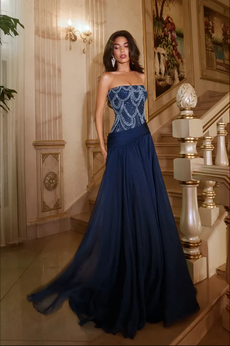 Lussooy Exquisite Chiffon Dark Navy Sleeveless Strapless Evening Dress with Sequins