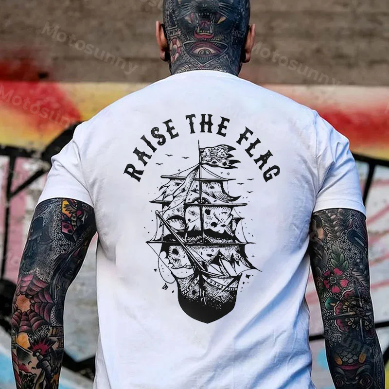 RAISE THE FLAG Ship Graphic Casual White Print T-shirt