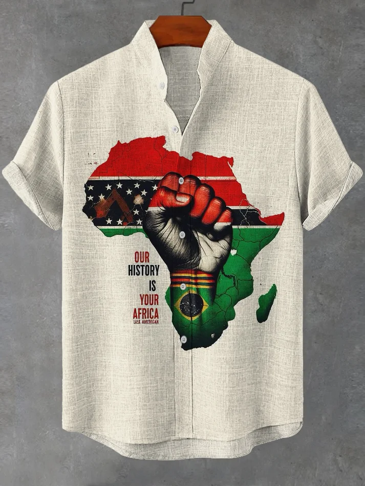 Men's Africa Map Fist Graphic Print Linen Blend Shirt