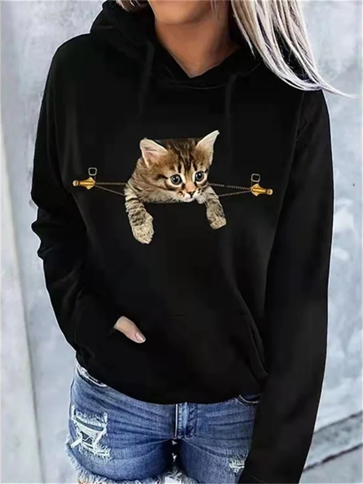 Spring and Autumn Half-zip Rabbit Black Large Pockets Cotton Printed Casual Long-sleeved Pullover Cat Pattern