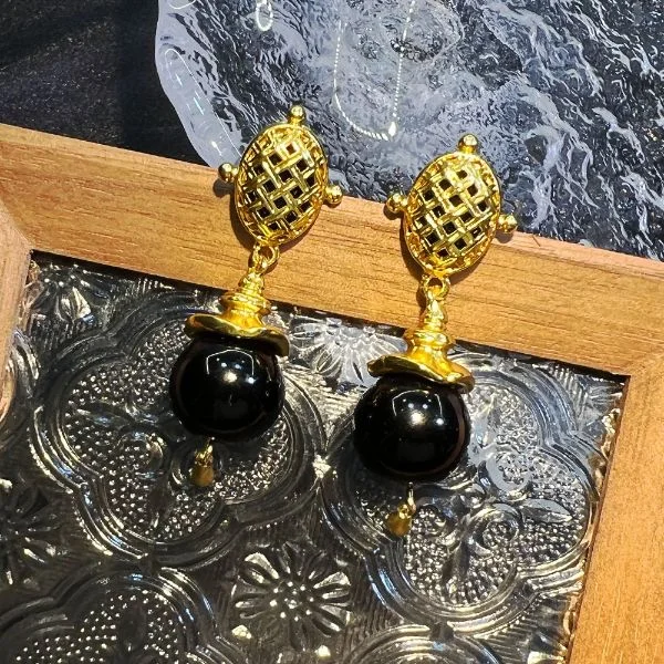 Natural Black Obsidian Water Drops Elegant Vintage Earrings