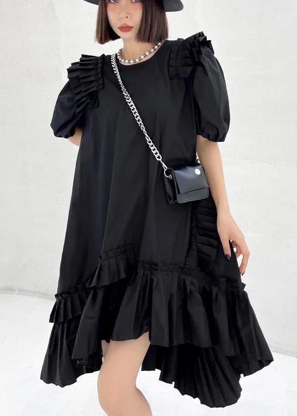 Plus Size Black Puff Sleeve asymmetrical design Ankle Dress Summer
