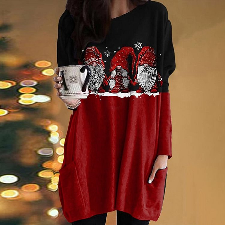Comstylish Christmas Gnome Mini Colorblock Pocket Long Sleeve Tunic