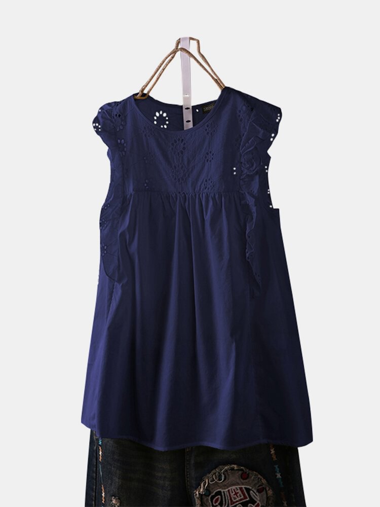 Ruffles Sleeveless Embroidery Hollowing Out Women Blouse P1645693