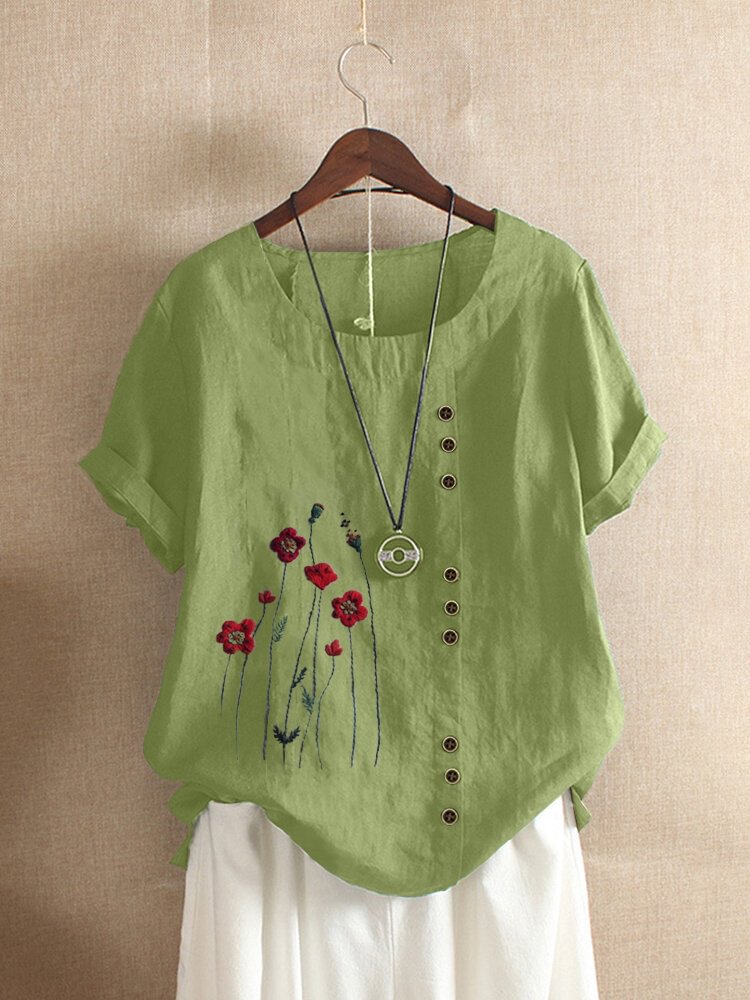 Embroidery Floral Short Sleeve O Neck T shirt For Women P1663416