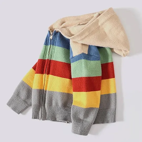 【18M-12Y】Unisex Casual Rainbow Stripe Hooded Sweater Coat