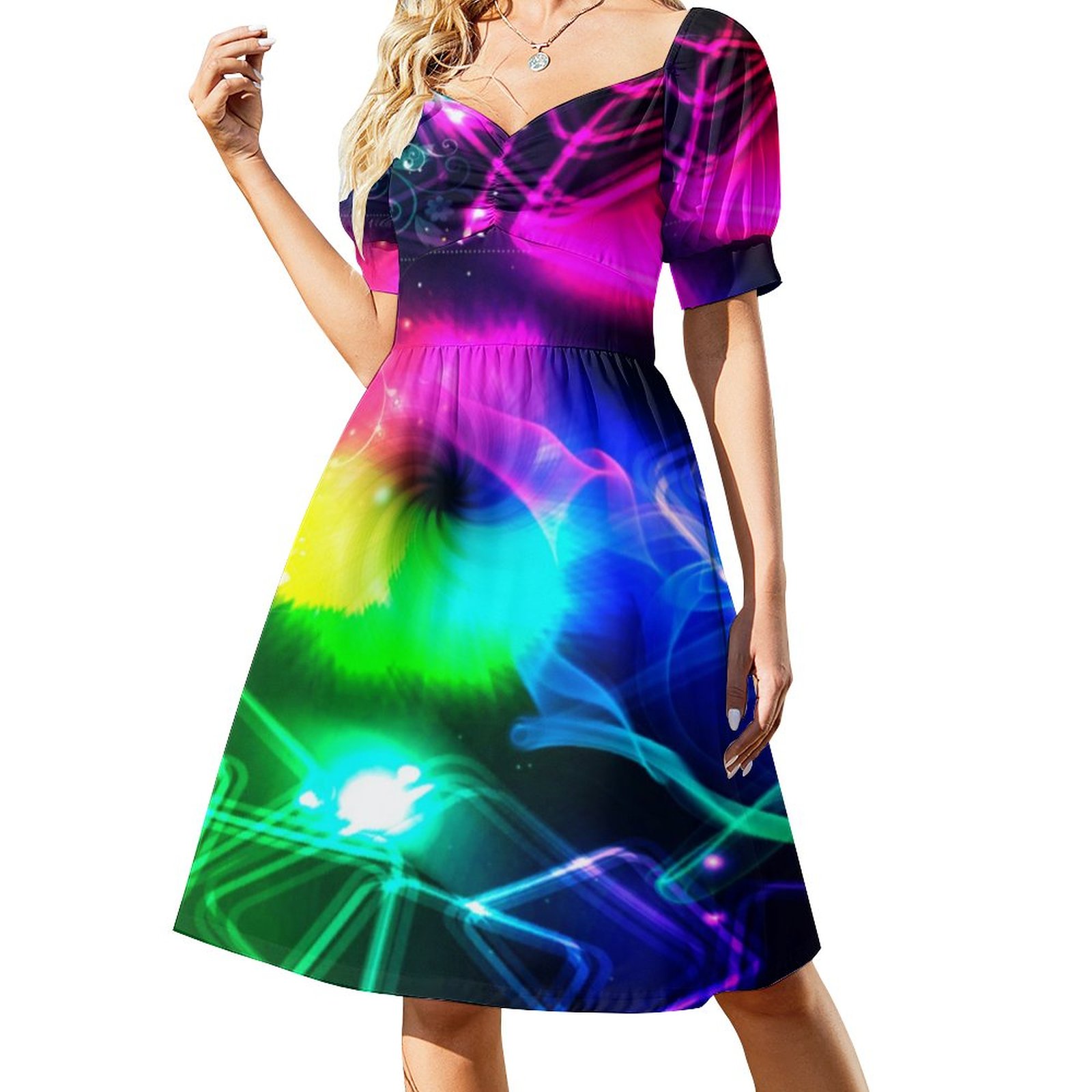 Bright Neon Colors Pattern Dress Women Boho High Waist Flared Puff Sleeve Cute Sweetheart Midi Dress Neon-XL