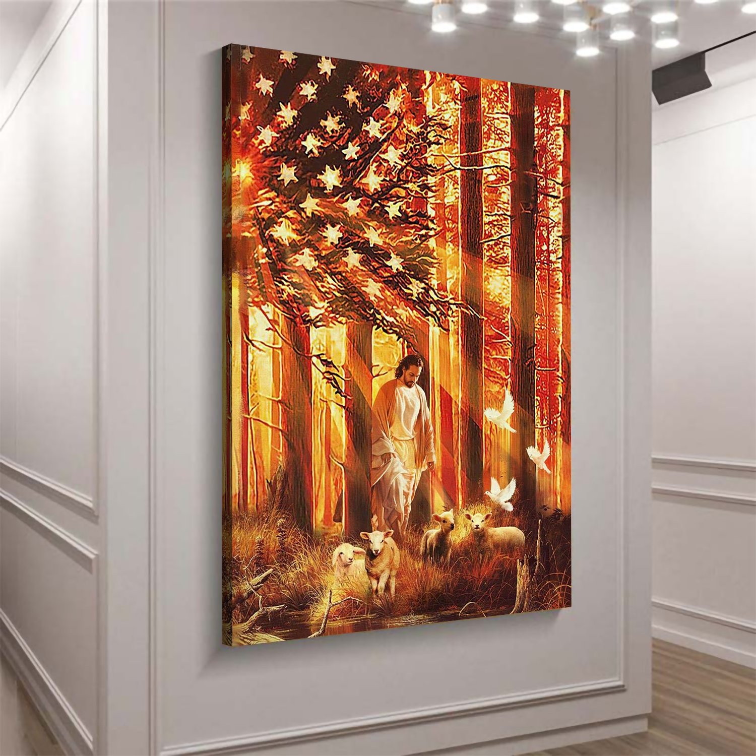 Jesus walking in forest with the lambs Canvas Wall Art