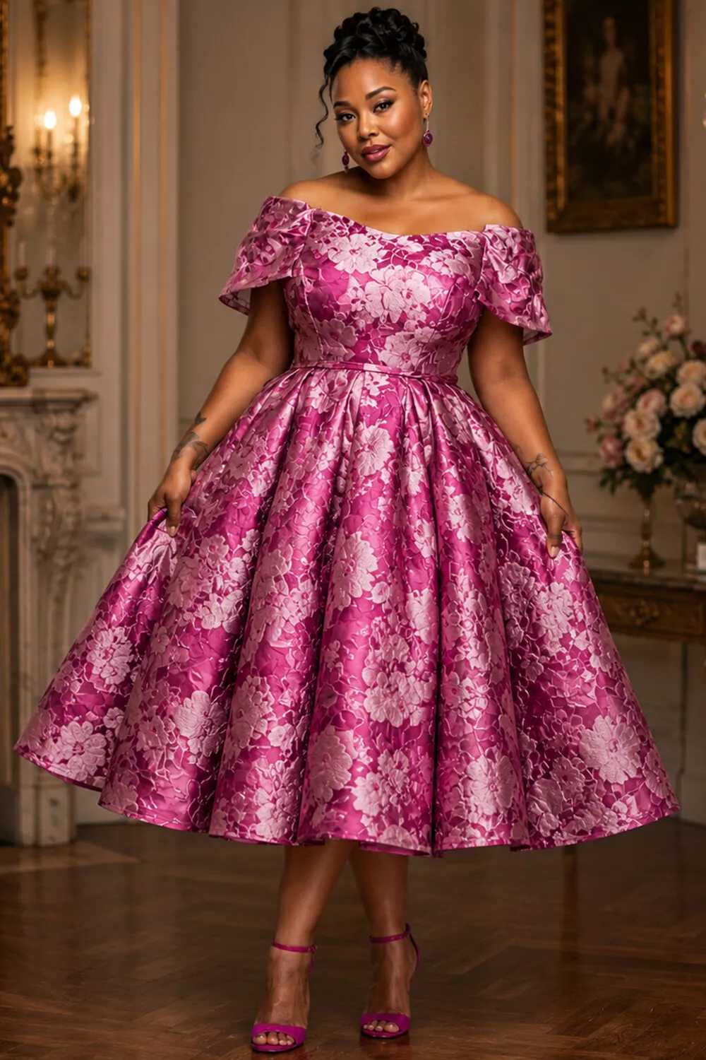 Xpluswear Design Plus Size Cocktail Party Rose Off The Shoulder