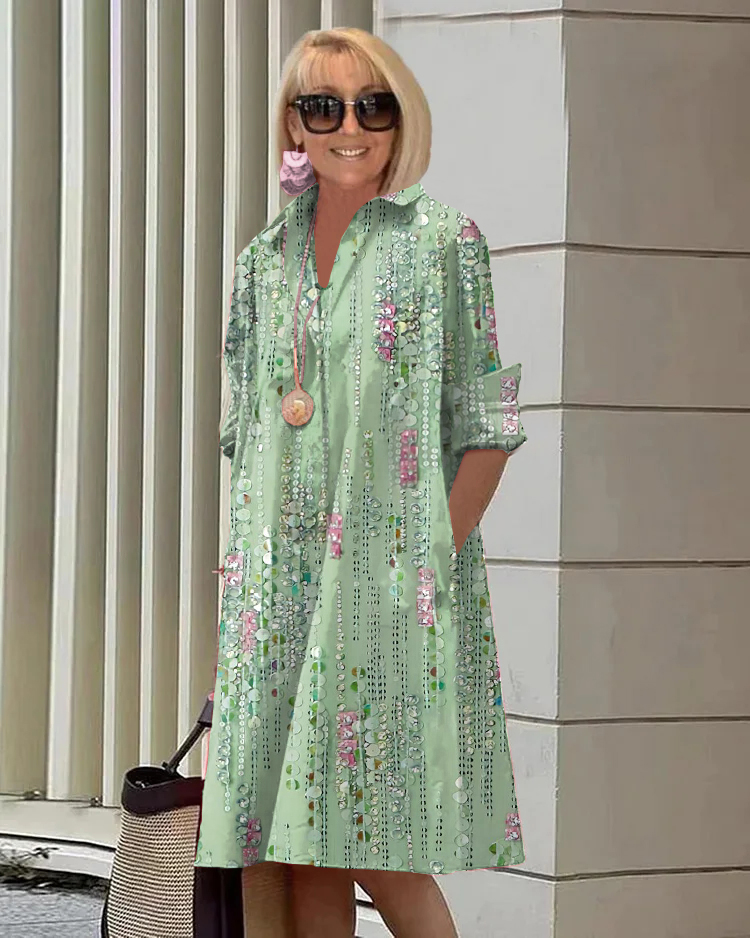 Spring and Summer Long Sleeve Pocket Shirt Dress