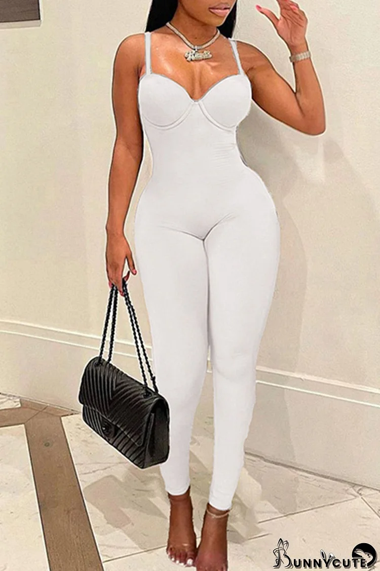 White Sexy Casual Solid Backless Spaghetti Strap Skinny Jumpsuits