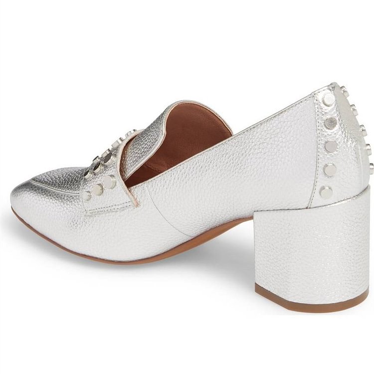Silver Square Toe Studs Block Heels Loafers for Women image 1