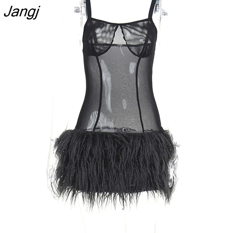 Jangj Sexy Spaghetti Strap Backless Black Mesh See Through Fur Mini Dress for Women Summer Fashion Birthday PartyClubwear Robe