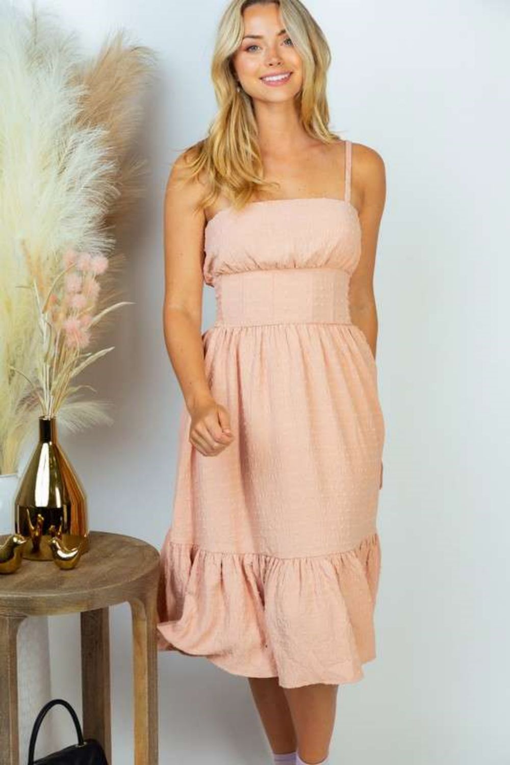 Spaghetti Strap Decorative Button Ruffled Dress main image 0