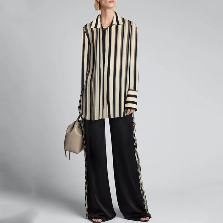 VChics Elegant Striped Colorblock Long Sleeve Shirt Two Piece Set