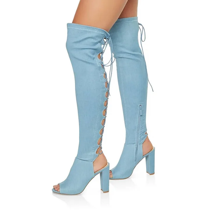 Chunky Heel Light Blue Lace Up Over-the-Knee Denim Boots Vdcoo