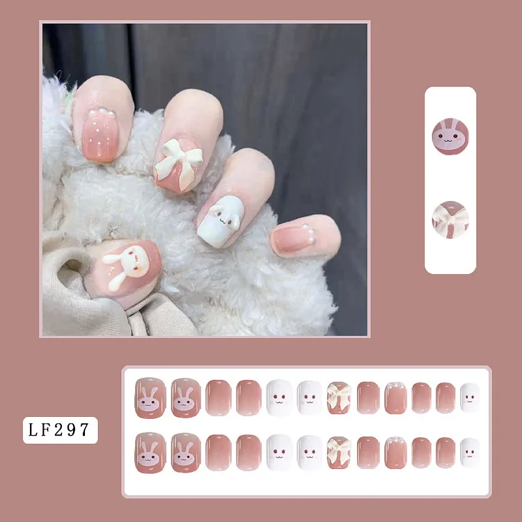 Fake Nail Patch Nail Sticker Pieces Removable Brown Rabbit Gradient Nail Sticker Bow Nail Sticker Finished Short Nail Sticker