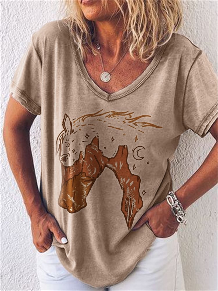 Vefave Western Lanscape Inspired Horse Art V Neck T Shirt