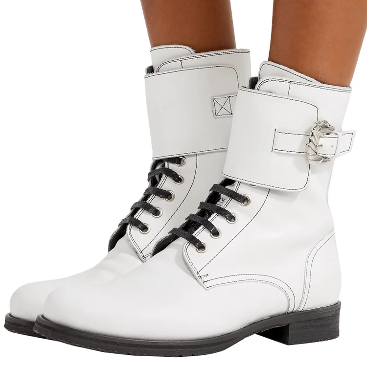 White Lace Up Buckle Flat Ankle Boots |FSJ Shoes