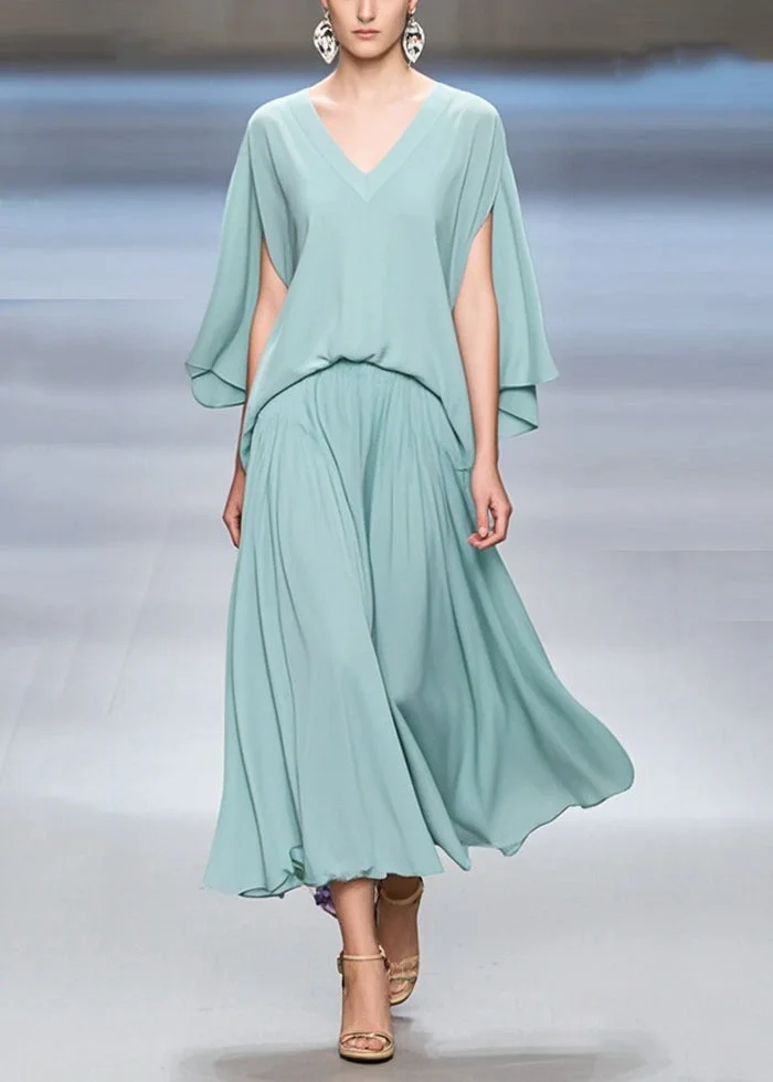Stylish Green V Neck Chiffon Dresses Butterfly Sleeve Summer
