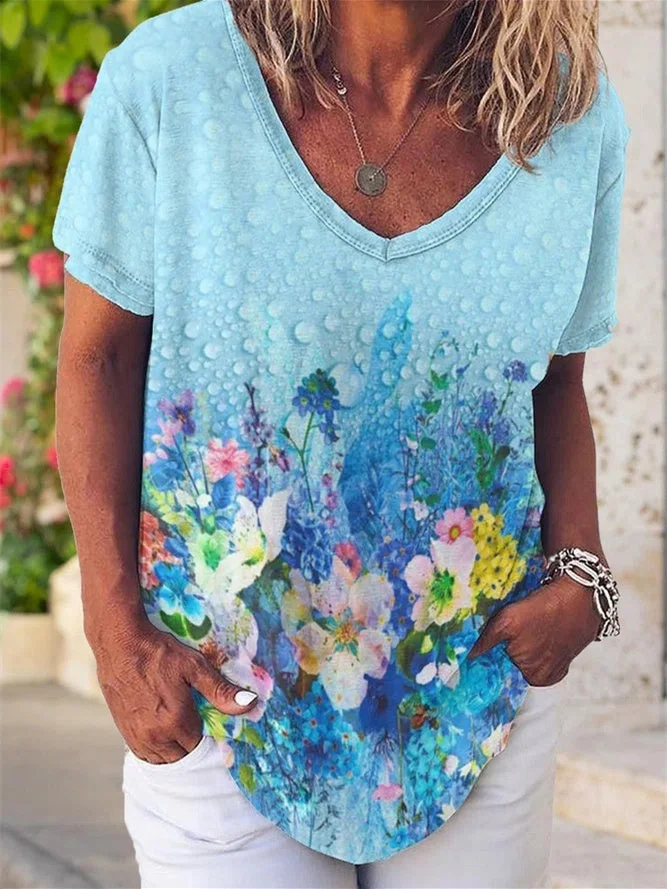 Women's Short Sleeve V-neck Floral Printed Loose Casual T-shirt