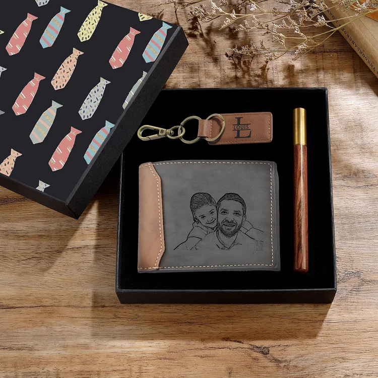 Personalized Photo & Name & Letter & Text & Calendar Gift Set Custom Wallet & Keychain & Pen Gift Box Set Father’s Day Gift for Him