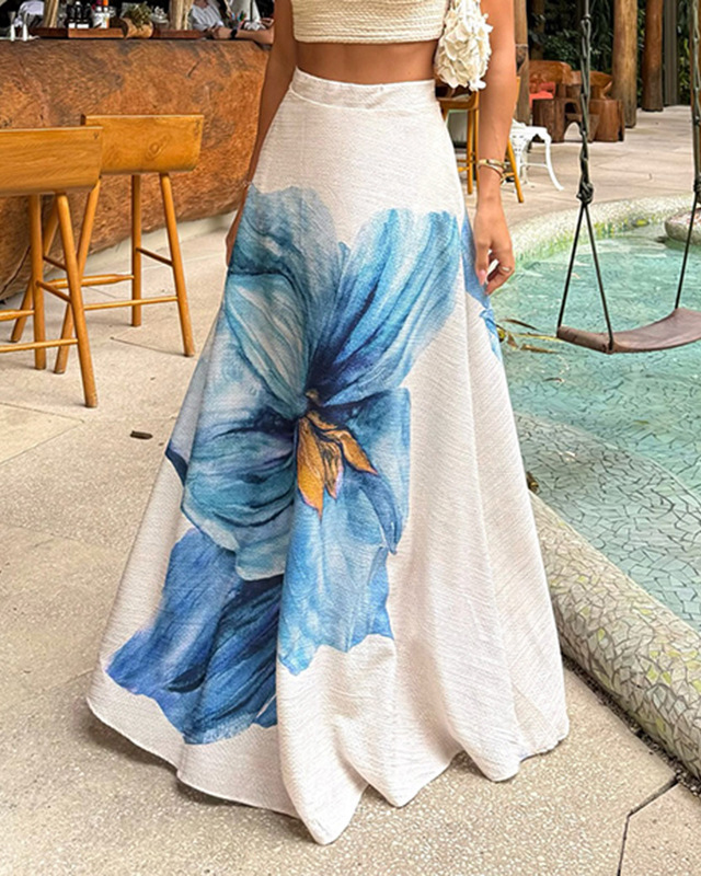 Floral Print A-Line Vacation Maxi Skirt