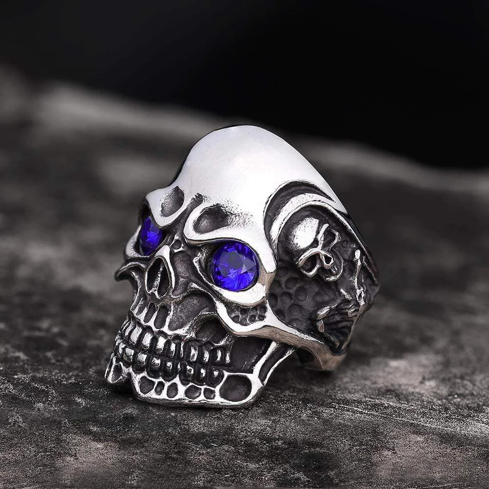 Ruby & Sapphire Eye Stainless Steel Skull Ring