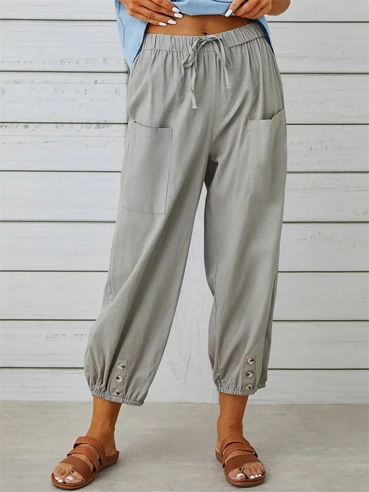 Women's New Loose Type High-waisted Button Cotton Linen Pants Nine-minute Pants Wide-legged Cotton Linen Nine-minute Pants-JRSEE